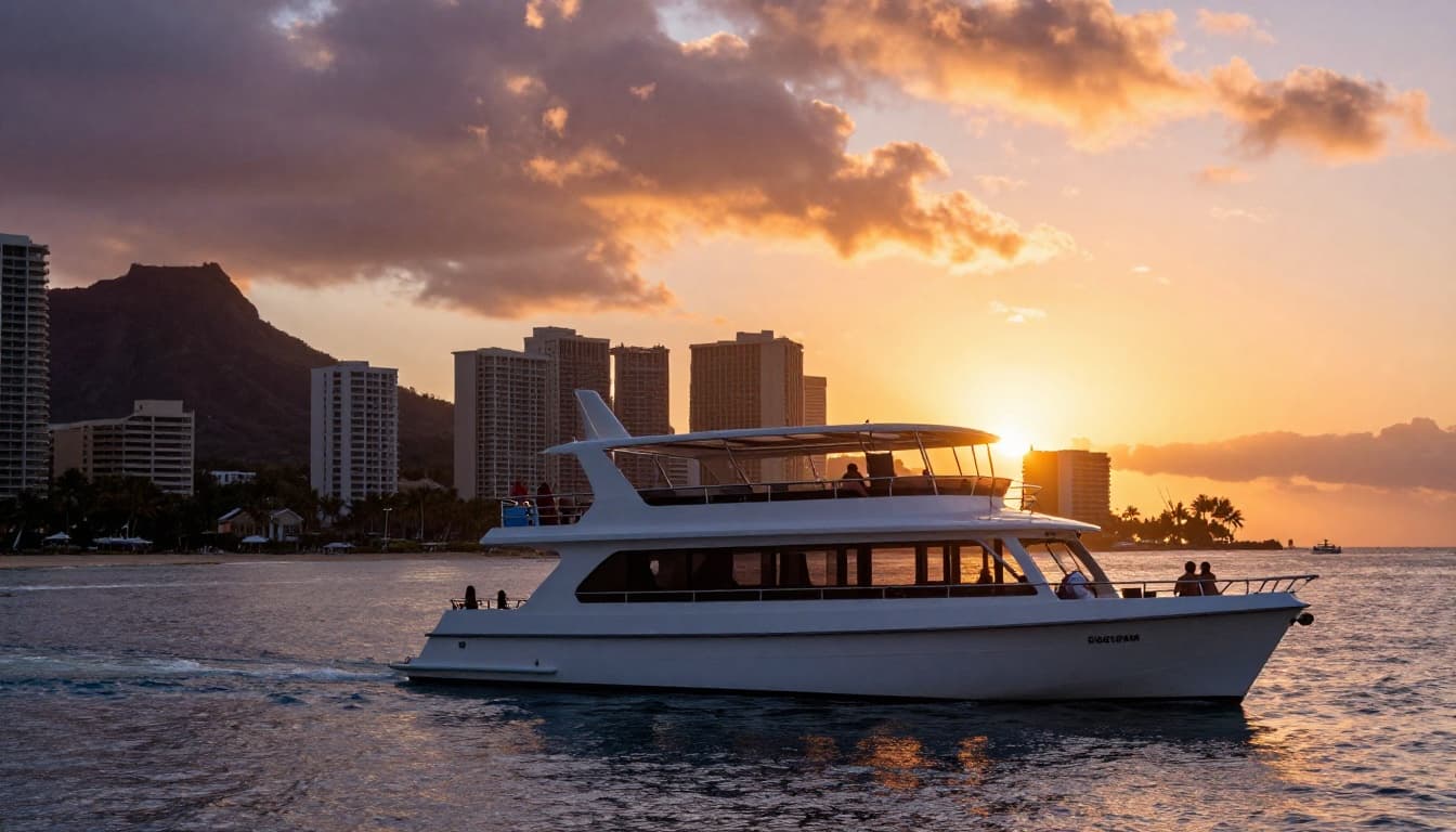 A luxury double-decker boat cruises calm Waikiki ocean waters at golden hour sunset, featuring Diamond Head silhouette in the background and two passengers relaxing on the open deck with hands on the railing.