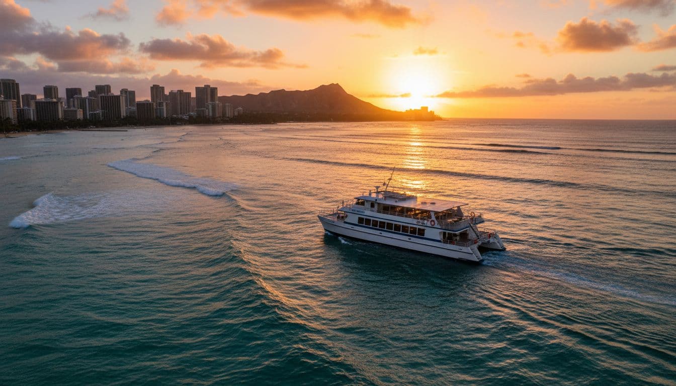 Double-decker boat sailing calmly off Waikiki Beach at sunset, golden sky reflecting on turquoise ocean waves, with distant Honolulu skyline and Diamond Head silhouette in vibrant warm colors, realistic high-detail photography, no people, text, or logos.