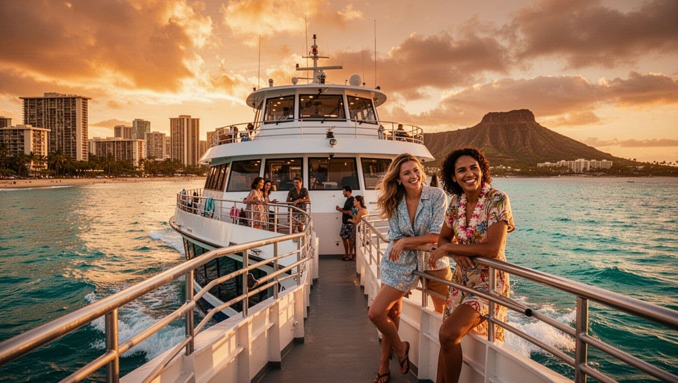 Double-decker boat cruising calm turquoise waters off Waikiki Beach at golden hour sunset, with Honolulu skyline and Diamond Head in the background. Relaxed couples lean on railings enjoying the cinematic views with dramatic warm golden lighting and cool blue waters.