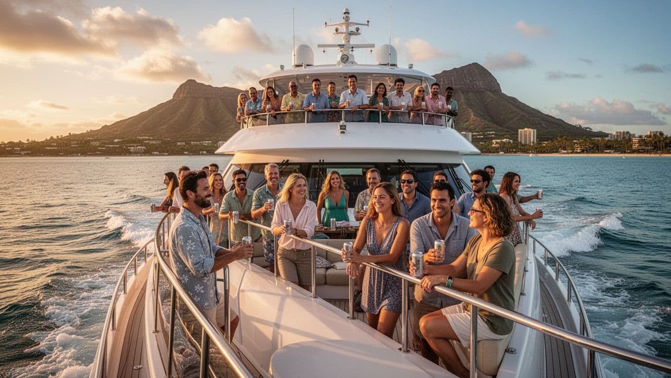 Double-decker boat cruises Waikiki coast at sunset with adults relaxing on decks holding canned drinks, Diamond Head in background.