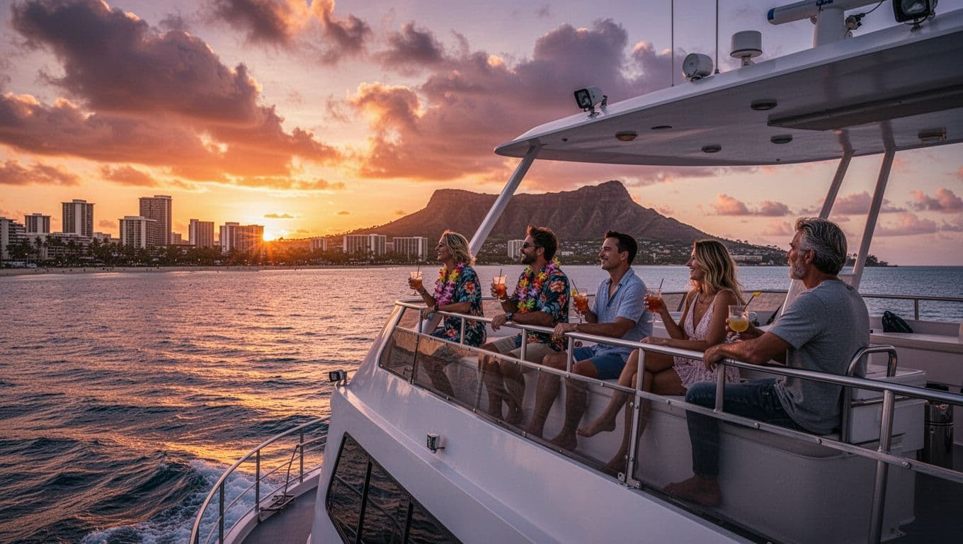 Double-decker boat sailing on the ocean at sunset featuring Waikiki Beach skyline and Diamond Head silhouetted, with four passengers relaxing on deck with drinks under a warm orange and purple sky in cinematic style.