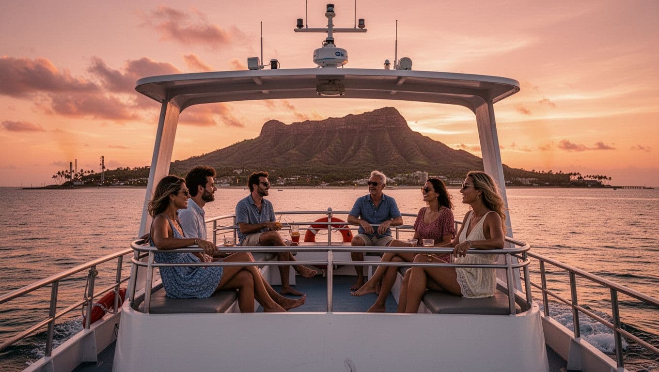 Double-decker boat cruises calm waters off Waikiki Beach at sunset, Diamond Head silhouette behind, four relaxed passengers on upper deck.