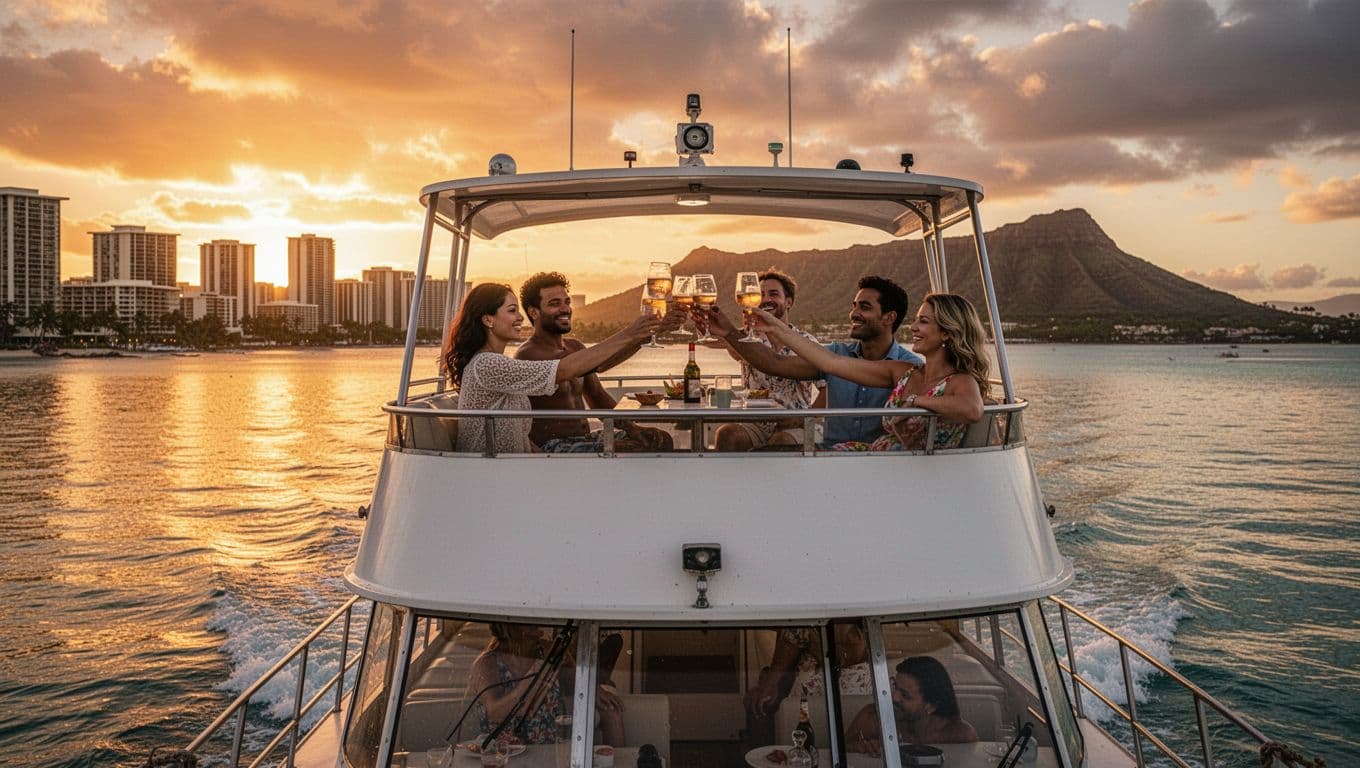 Double-decker boat sailing along Waikiki at sunset, golden orange sky reflecting on calm ocean, passengers on upper deck toasting with drinks, Honolulu skyline and Diamond Head silhouetted in cinematic style.