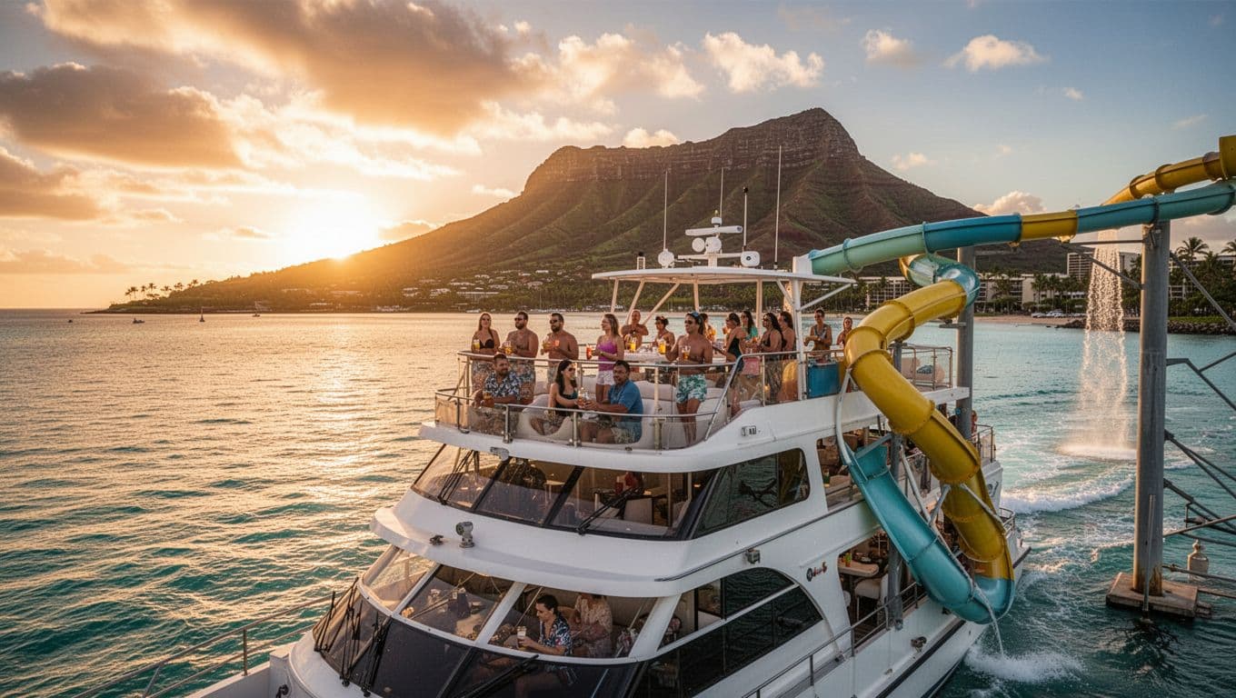 A stable double-decker boat cruises calm turquoise waters off Waikiki at sunset, featuring Diamond Head silhouette, five relaxed adults on deck with drinks watching the sun dip below the horizon, and a visible water slide in cinematic golden lighting.