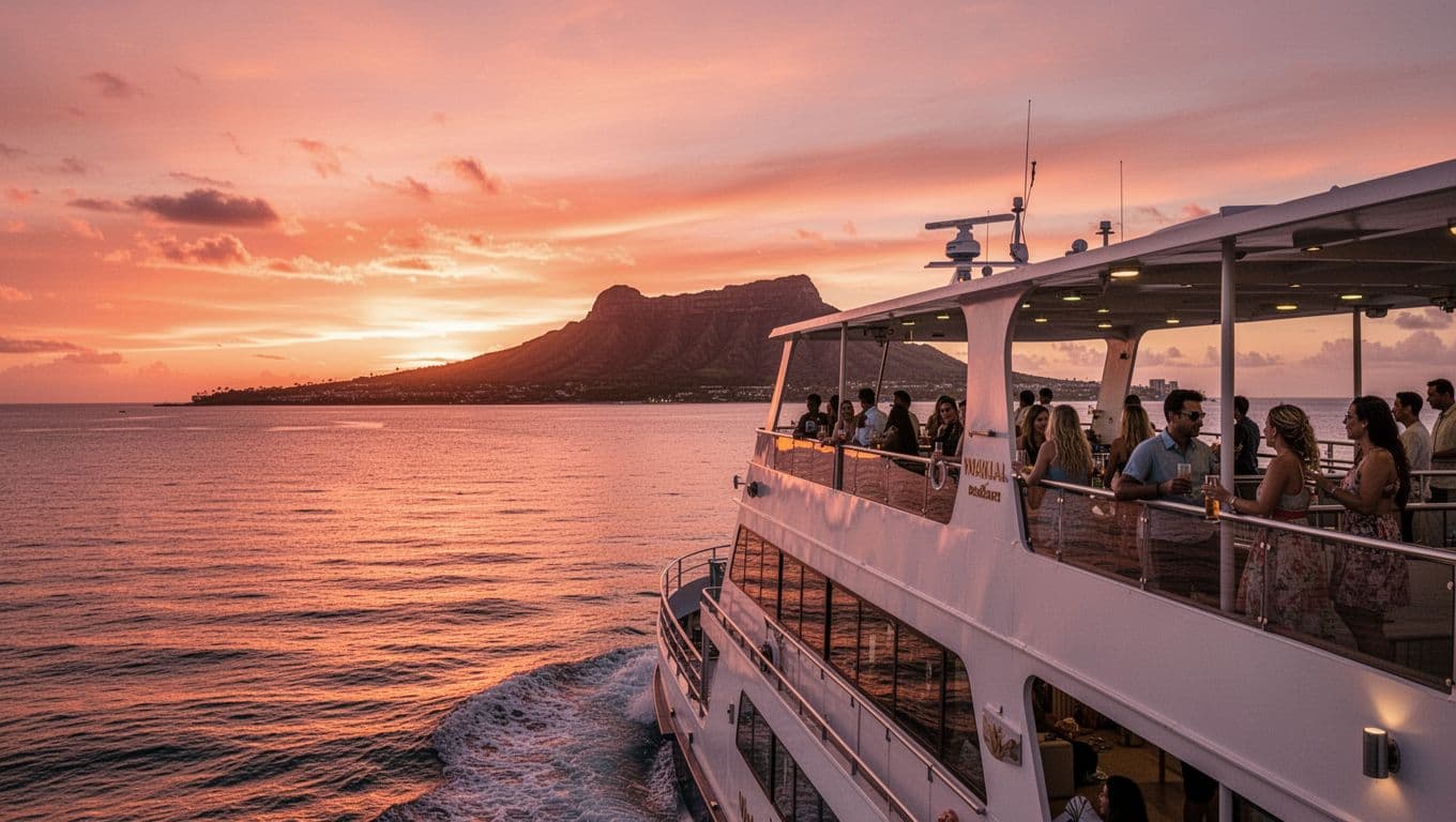 Double-decker boat sailing off Waikiki coastline at sunset with vibrant orange-pink sky reflecting on calm ocean, Diamond Head crater silhouette on horizon, and five distant relaxed passengers on upper deck with drinks in cinematic style.