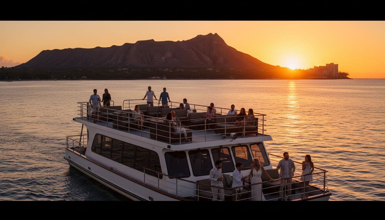 A double-decker boat cruises calm Waikiki waters at sunset, Diamond Head prominent in the background, with 12 passengers relaxing on open decks in cinematic golden hour lighting.