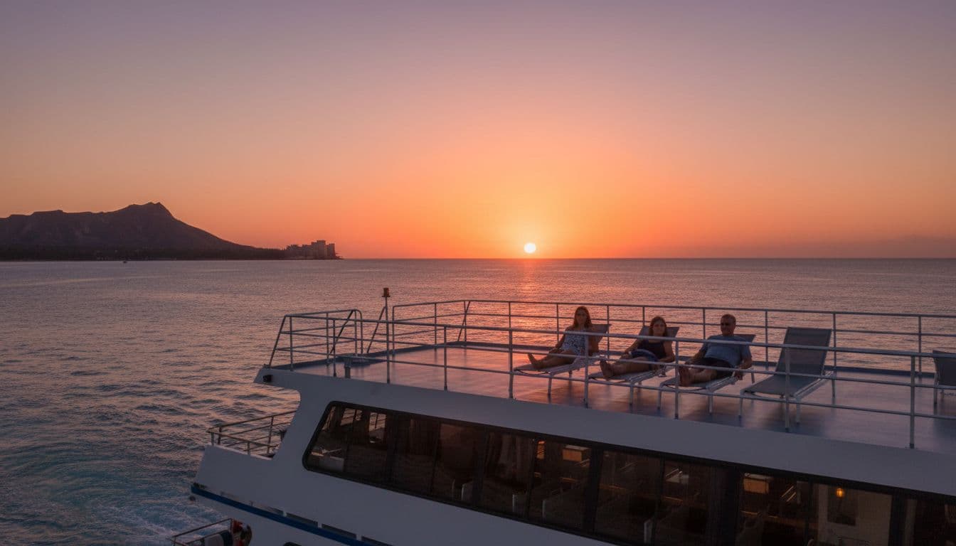 A double-decker tour boat sails calm waters off Waikiki Beach at sunset, featuring a half-set sun on the ocean horizon with an orange-pink-purple sky gradient and Diamond Head silhouette in the distance. Three passengers relax on the open upper deck under natural warm lighting.
