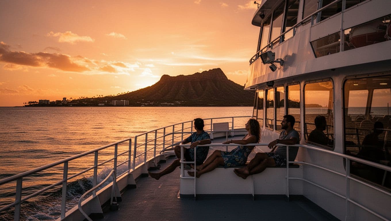 Smooth calm ocean at Waikiki sunset shows a double-decker boat silhouette cruising toward a glowing orange horizon, Diamond Head dark outline, warm water reflections, and three distant silhouetted figures on deck in cinematic golden hour lighting.