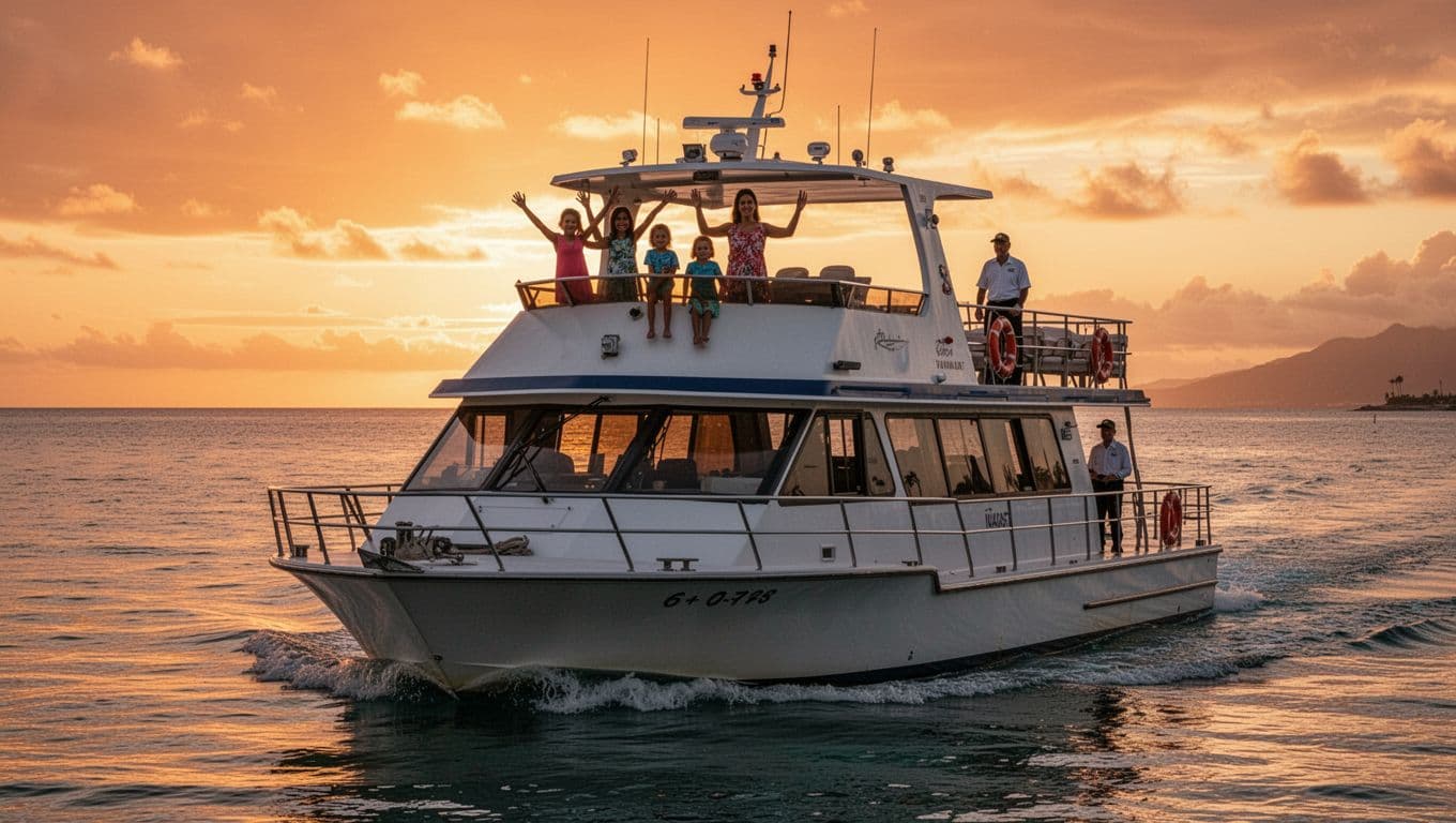 Double-decker boat Coral Kai or Lokahi cruising calm Waikiki waters at sunset, with family silhouette against orange sky, kids waving from deck, and professional crew ensuring safety in cinematic style.