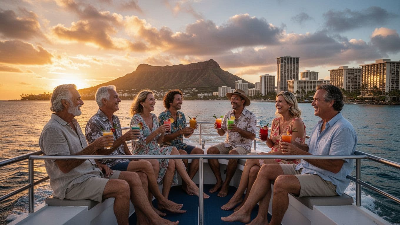 Six adults relax on double-decker boat deck off Waikiki at sunset with Diamond Head and Honolulu skyline.
