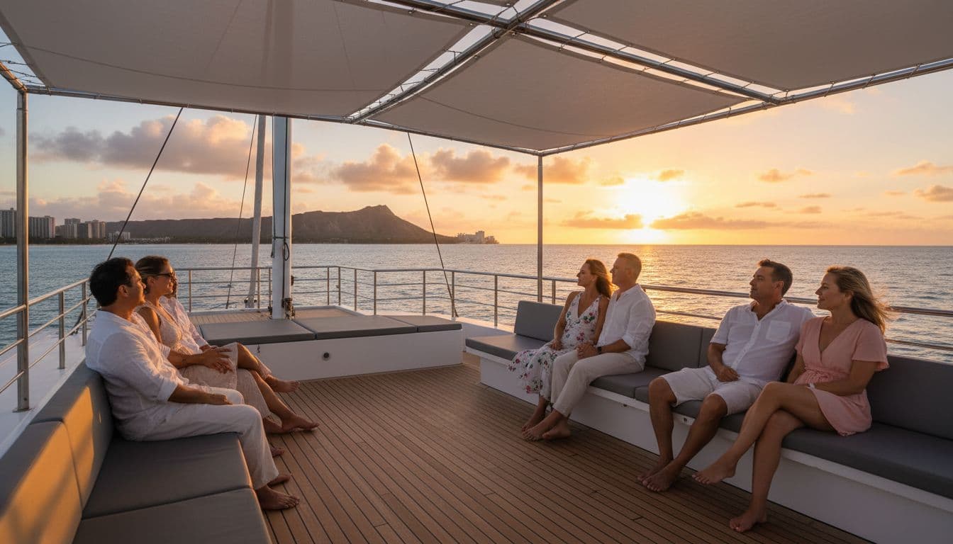 Expansive upper deck of a modern double-decker boat sailing calm Waikiki waters at golden hour sunset, couples relaxing on shaded benches with Diamond Head in the distance.