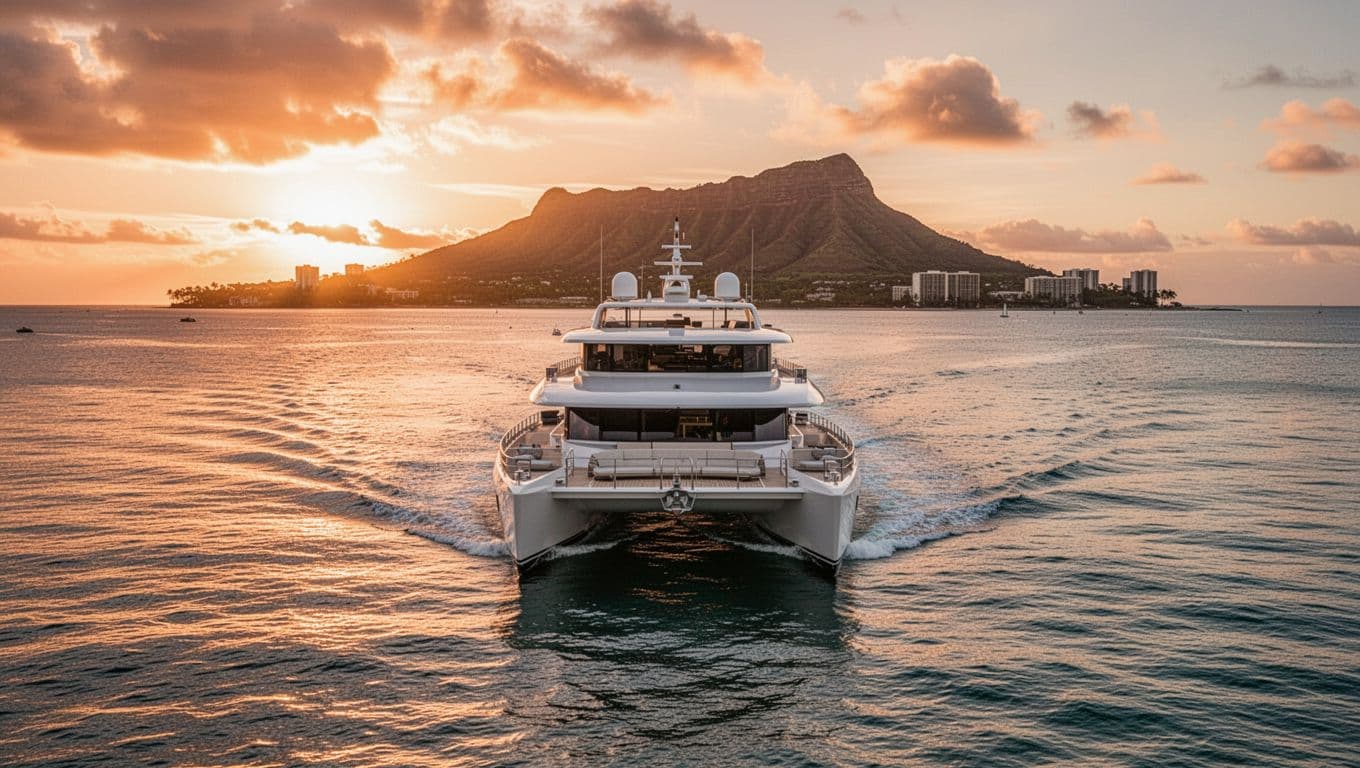 Luxury double-decker catamaran sails calm ocean off Waikiki Beach at golden hour sunset, Diamond Head silhouetted on horizon.
