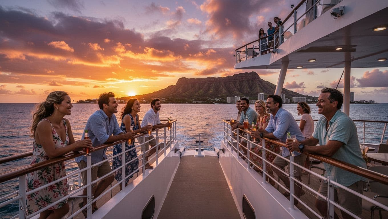 Passengers including couples and families relax on the deck of a double-decker catamaran during a Waikiki sunset cruise, sipping drinks while watching the sun dip into the ocean with Diamond Head silhouette against a vibrant orange-purple sky.