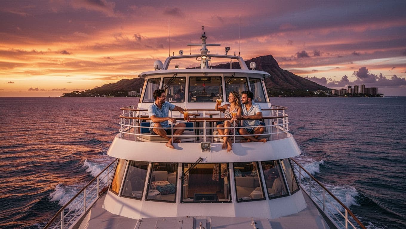 Double-decker boat on calm ocean at sunset off Waikiki, Diamond Head silhouette, two couples relaxing with drinks on upper deck.