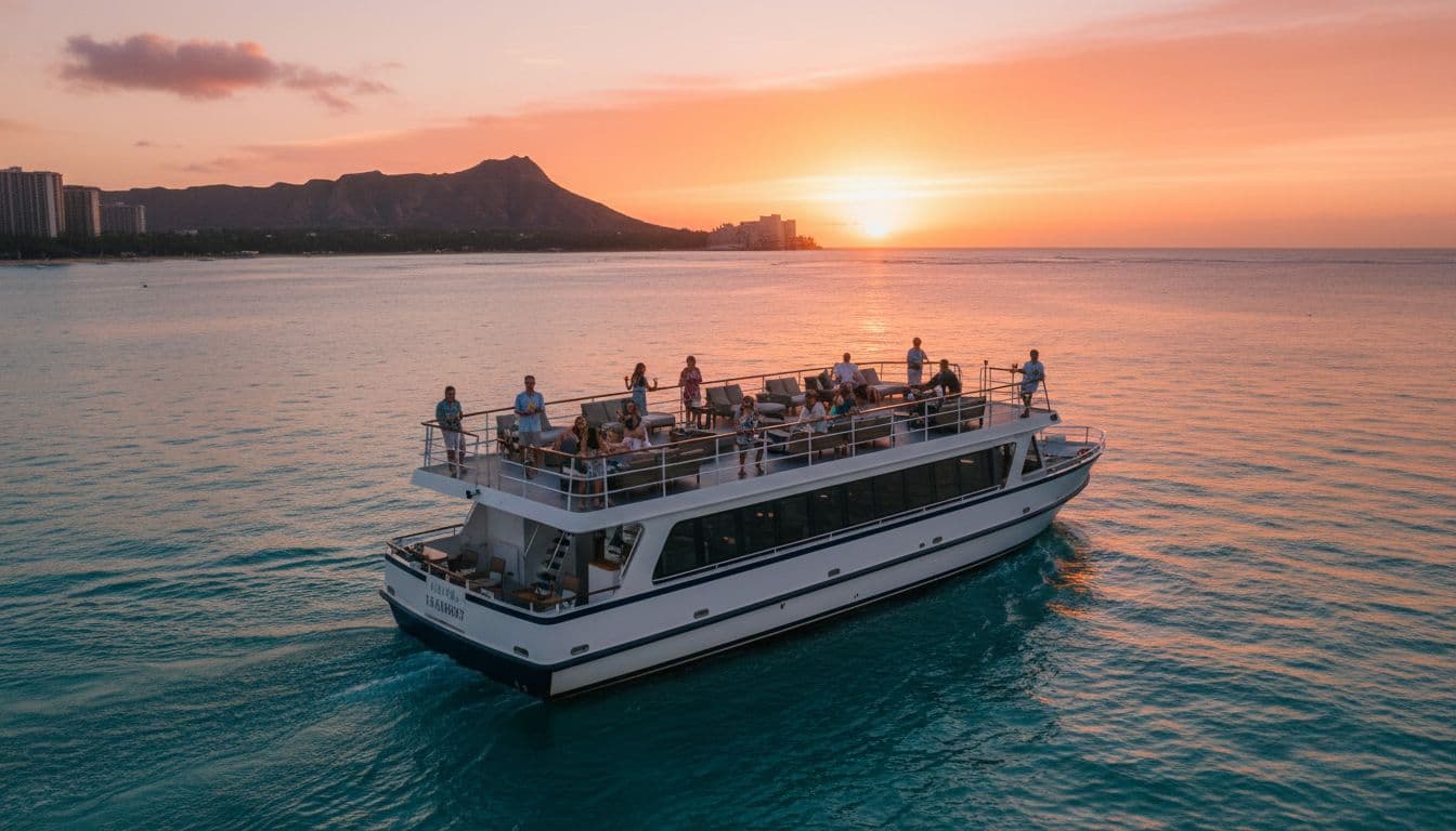 Double-decker tour boat sailing calm turquoise ocean waters off Waikiki Beach at sunset, with vibrant orange and pink sky and Diamond Head silhouette in the distance. A small group of 10 passengers relaxes on the upper deck with drinks in warm golden hour lighting.
