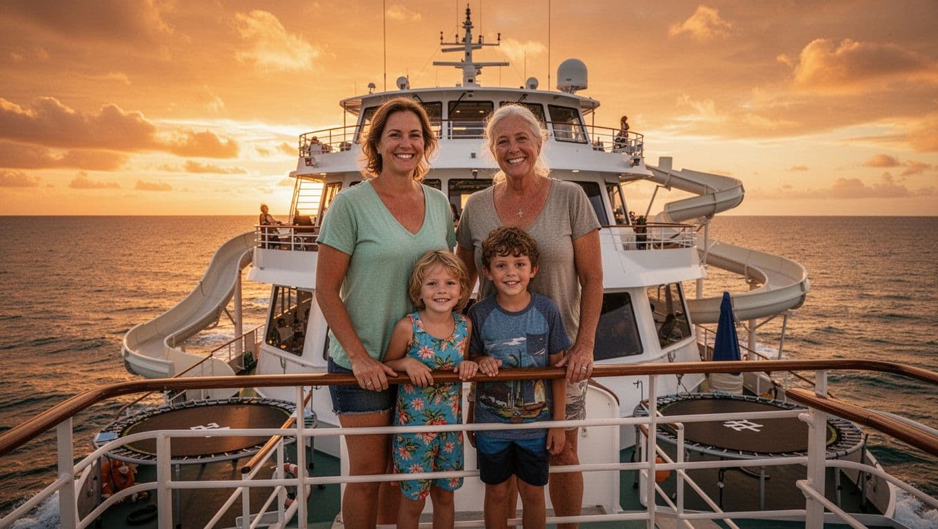 A smiling family of four relaxes on the upper deck of the stable double-decker boat Lokahi cruising the Waikiki coastline at sunset in Oahu, Hawaii, with water slide and trampoline visible against a dramatic orange sky and calm ocean.