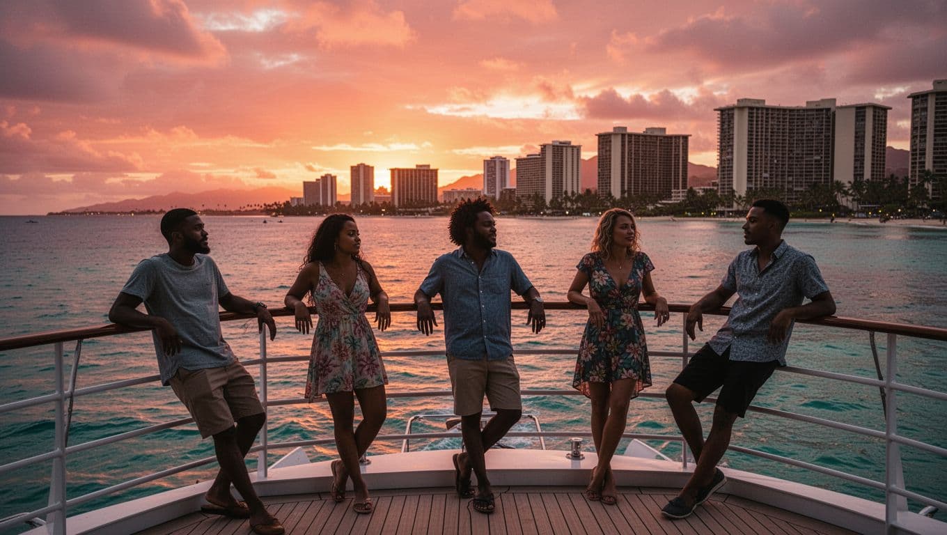 Five diverse friends relax on a boat deck, silhouetted against a spectacular orange-pink sunset over Waikiki Beach skyline and high-rises, with calm turquoise ocean reflecting the golden hour colors.