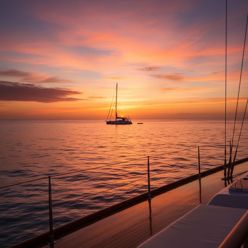 A view of the orange Hawaiian sunset reflecting on the calm ocean from a boat deck.