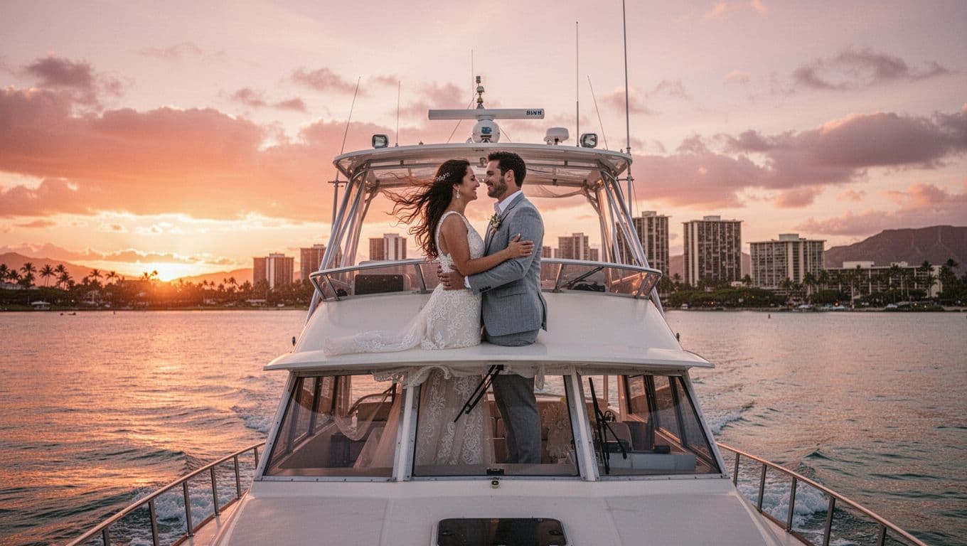 Honeymoon couple embracing on the upper deck of a double-decker boat cruising calm Waikiki waters at sunset, with dramatic orange-pink sky, golden hour lighting, and faint Waikiki skyline in the background.