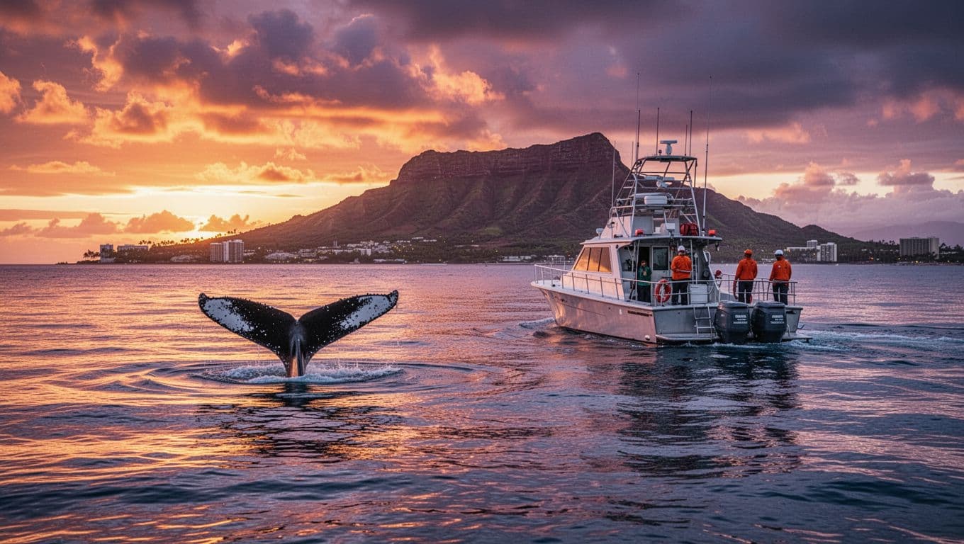 Smooth flat ocean surface at sunset off Waikiki with a humpback whale tail fluke emerging calmly near a stabilized tour boat, Diamond Head in the background, showcasing safe winter whale watching conditions.
