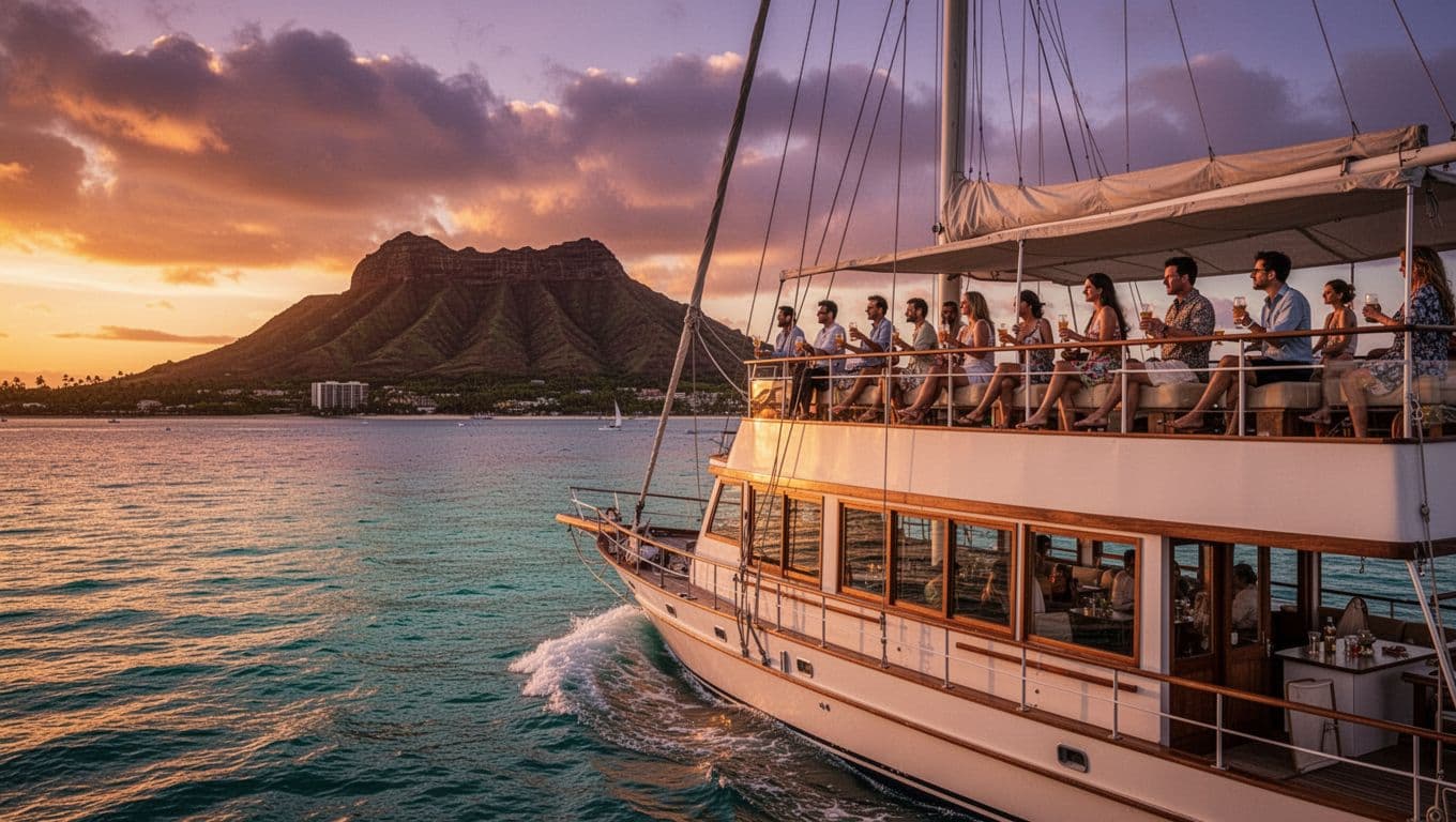 Double-decker boat Lokahi sails along Waikiki coastline at sunset, Diamond Head crater silhouetted against vibrant orange-purple sky, relaxed passengers on upper deck enjoying views and drinks amid calm turquoise ocean.