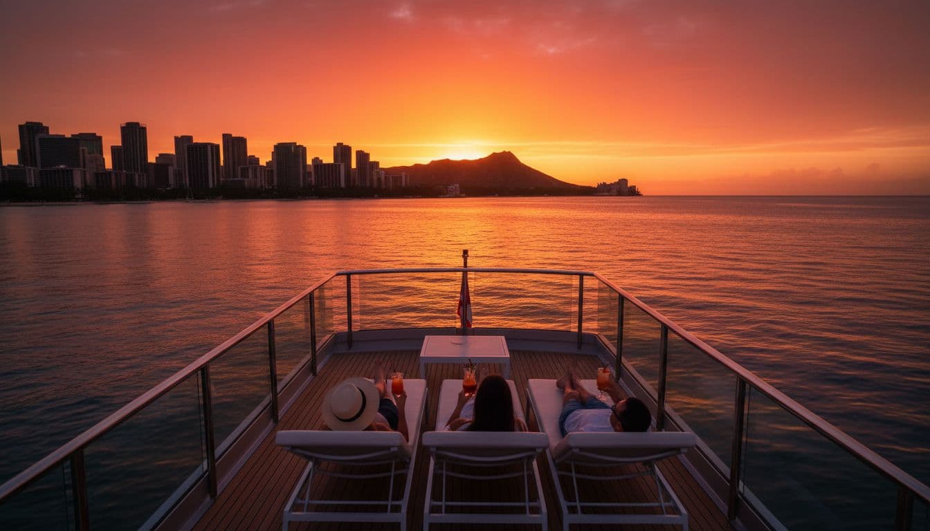 Luxury double-decker boat off Waikiki at sunset, three people relax on deck with drinks, orange sky reflects on calm ocean.