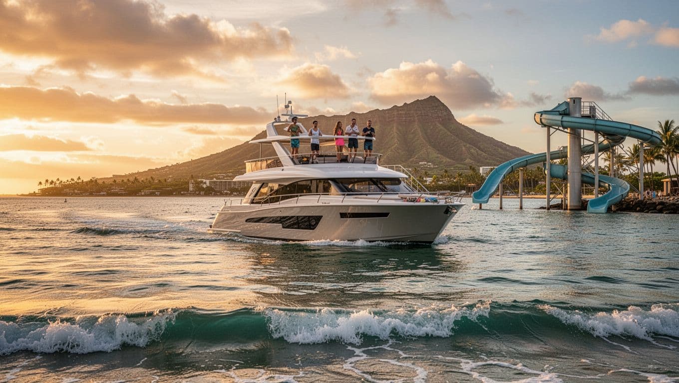 Luxury double-decker boat cruising calm Waikiki waters at sunset with people on the upper deck enjoying Diamond Head views and a visible water slide, in cinematic style with dramatic golden hour lighting.