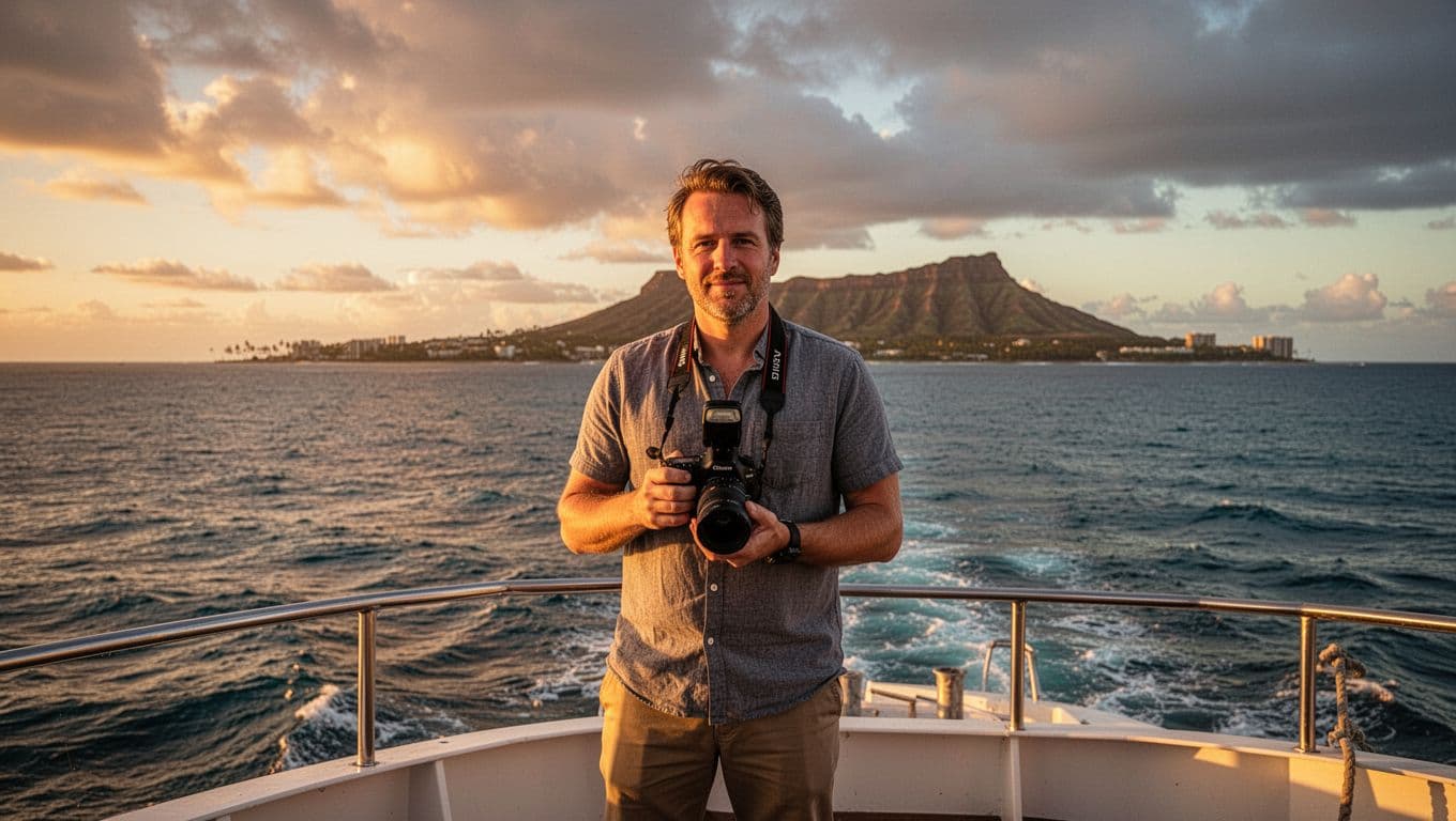 Photographer stands relaxed on boat deck holding camera during Waikiki golden hour sunset, Diamond Head distant.