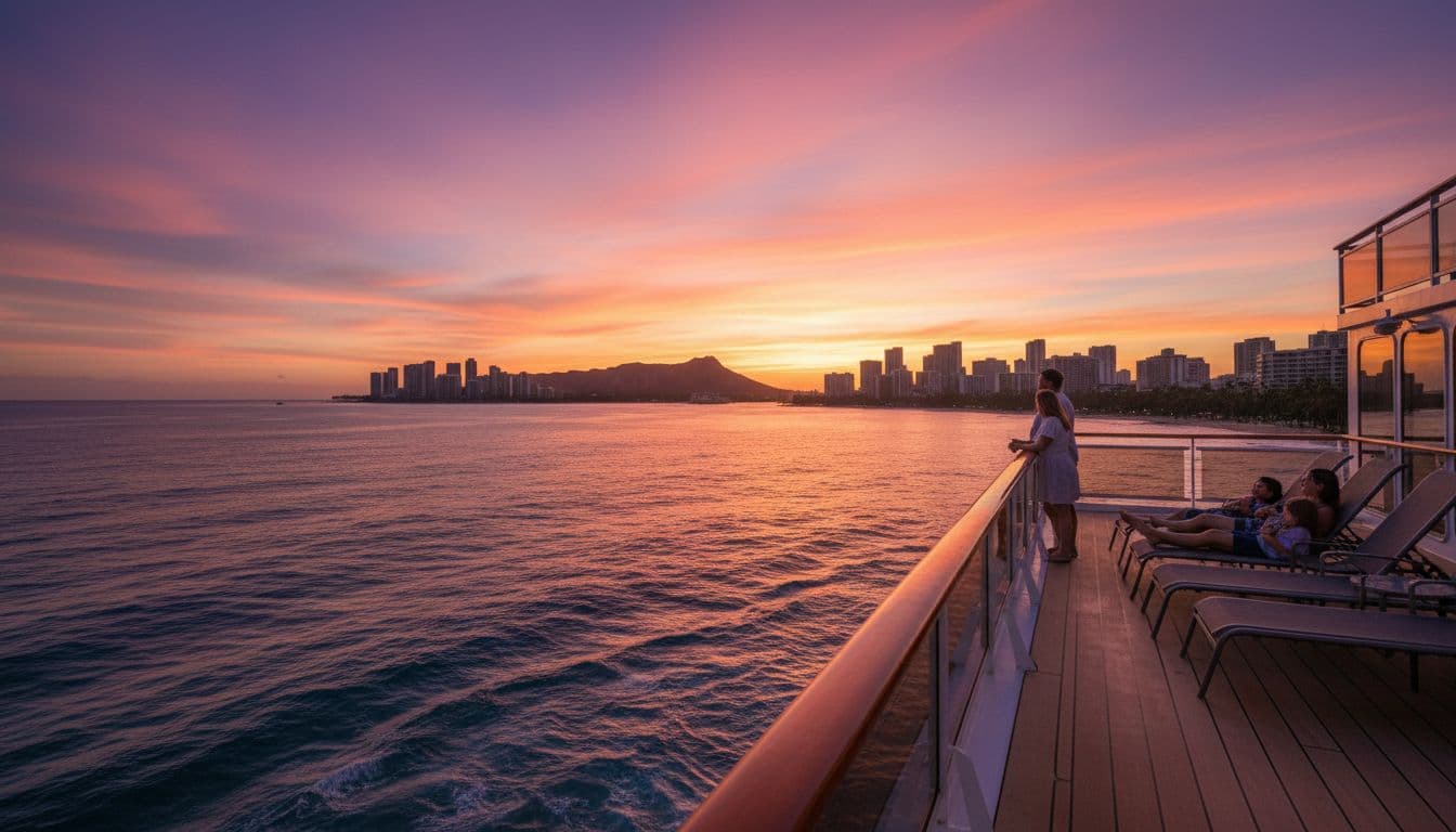 Calm ocean horizon at sunset from boat deck perspective with vibrant purple-orange sky over Waikiki skyline and Diamond Head volcano. Couple holding hands at railing with relaxed family nearby, emphasizing serene romantic atmosphere.