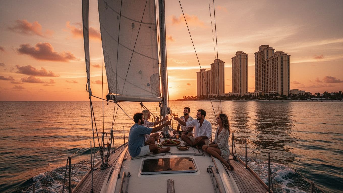 Sailboat on calm ocean at sunset with orange sky reflecting on water, Waikiki skyline and Hilton towers silhouetted on horizon, five people on deck toasting drinks in relaxed cinematic style with dramatic warm lighting and strong contrast.