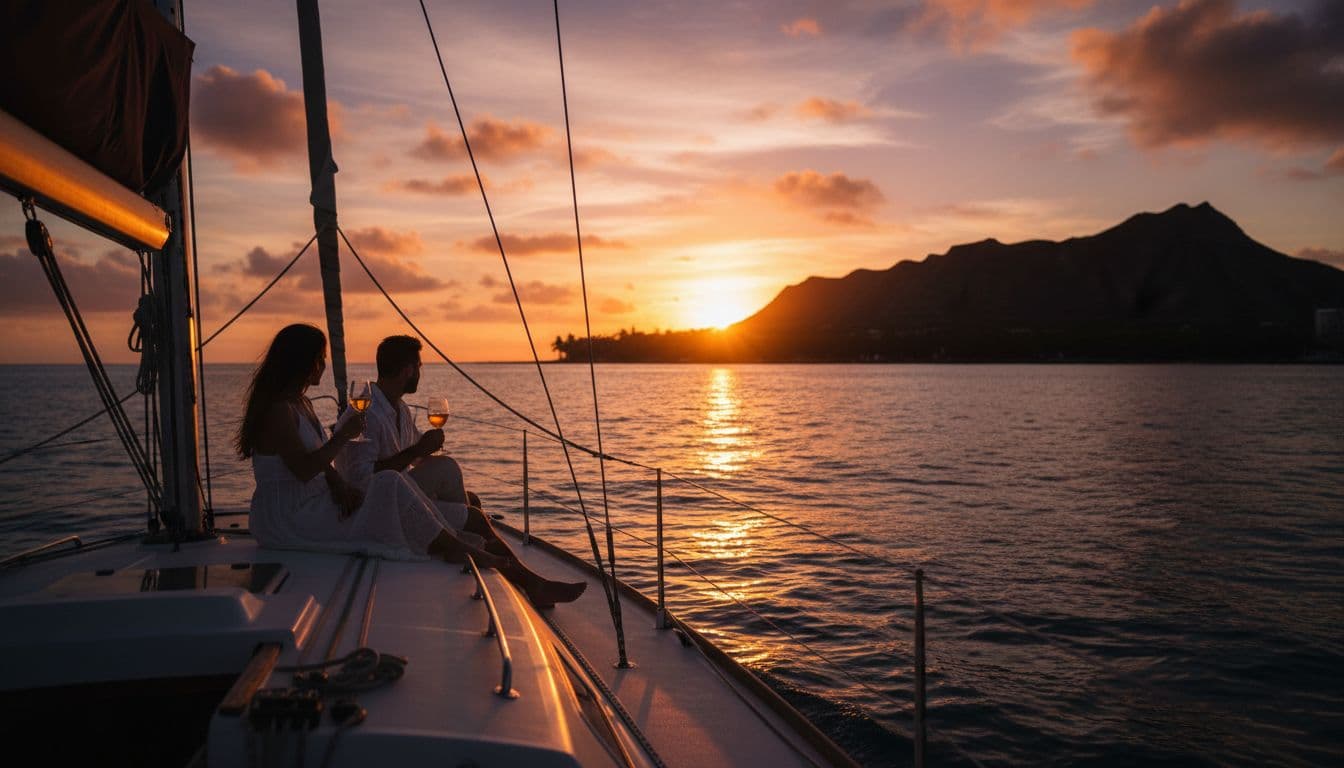 A sailboat cruises the calm ocean off Waikiki at golden hour sunset, featuring Diamond Head silhouetted against an orange-purple sky. A relaxed couple sits on the deck holding drinks, watching the horizon in a wide cinematic composition with strong contrast and dramatic lighting.