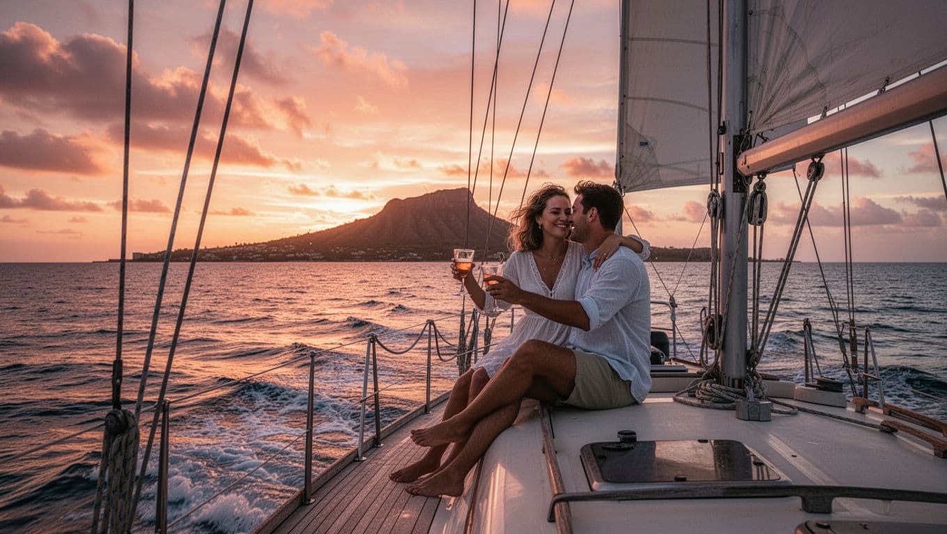 A couple in relaxed romantic poses toasts with drinks on the upper deck of a double-decker sailboat cruising Waikiki waters at sunset, with Diamond Head silhouetted against the warm orange-pink sky reflecting on waves.
