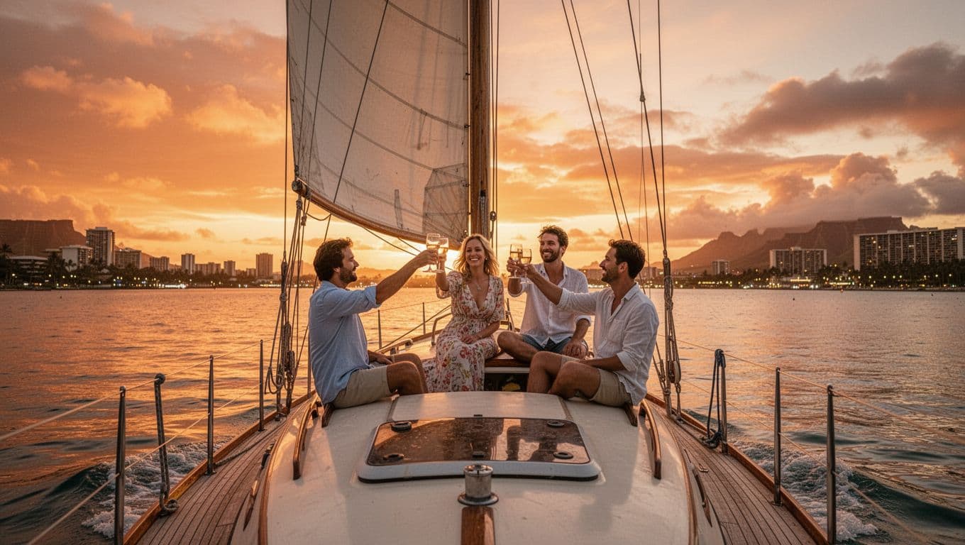 Three passengers toast drinks on sailboat deck off Waikiki at sunset, orange sky reflecting on water, city lights glowing.