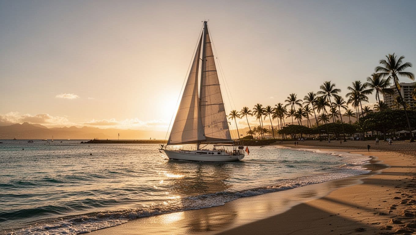 A sleek sailboat glides across the calm water during a golden hour sunset off the Waikiki shore. The beach in the background features dark, towering silhouettes of palm trees against sky.