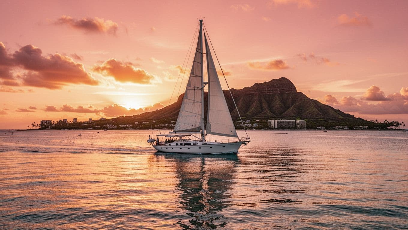 A lone sailboat drifts across the calm Waikiki waters as the sun dips below the horizon. Vibrant hues of orange and pink reflect off the ocean surface against the Diamond Head silhouette.