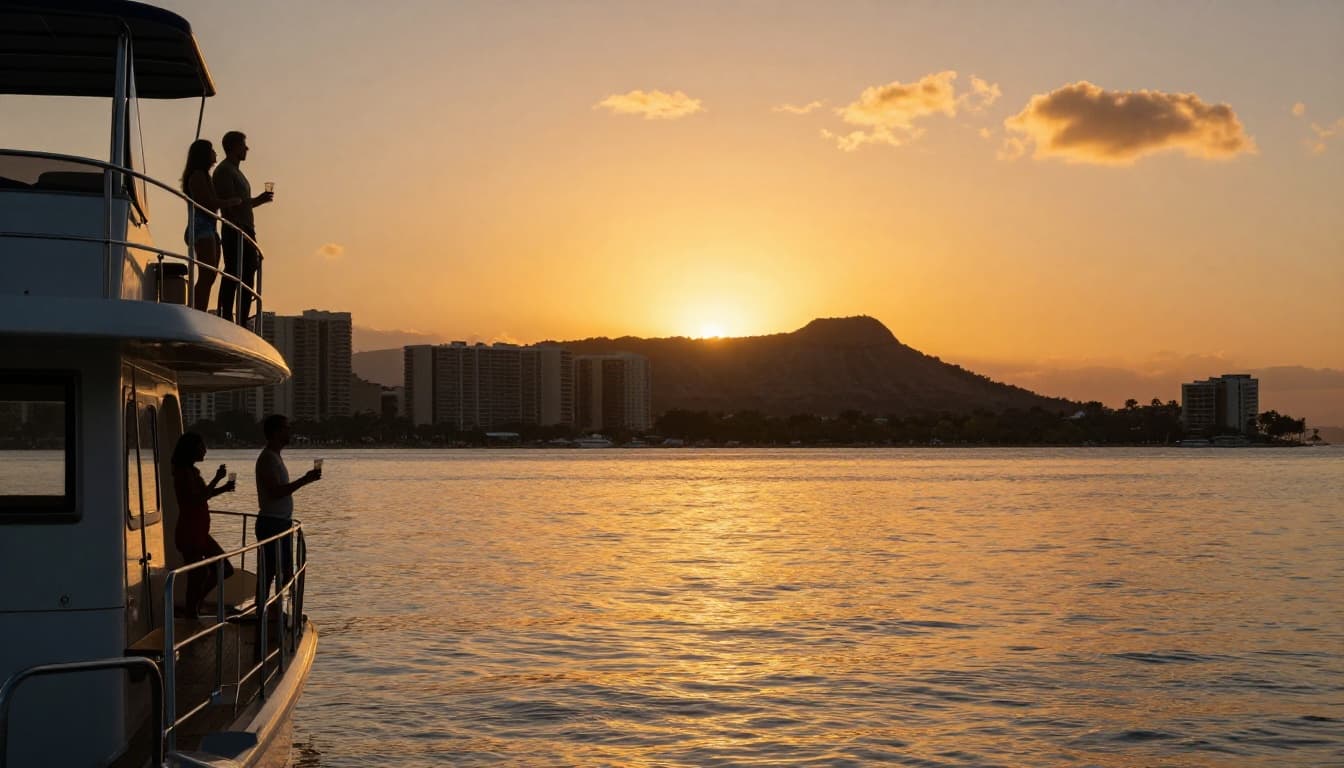 Couple stands relaxed on double-decker yacht upper deck at sunset off Waikiki, Diamond Head glowing orange, golden light on calm ocean.