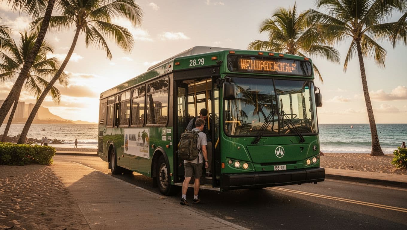 A green public TheBus stops at a Waikiki bus stop with palm trees and ocean backdrop, as a backpack-wearing passenger boards for a turtle spotting day trip in cinematic golden hour lighting.