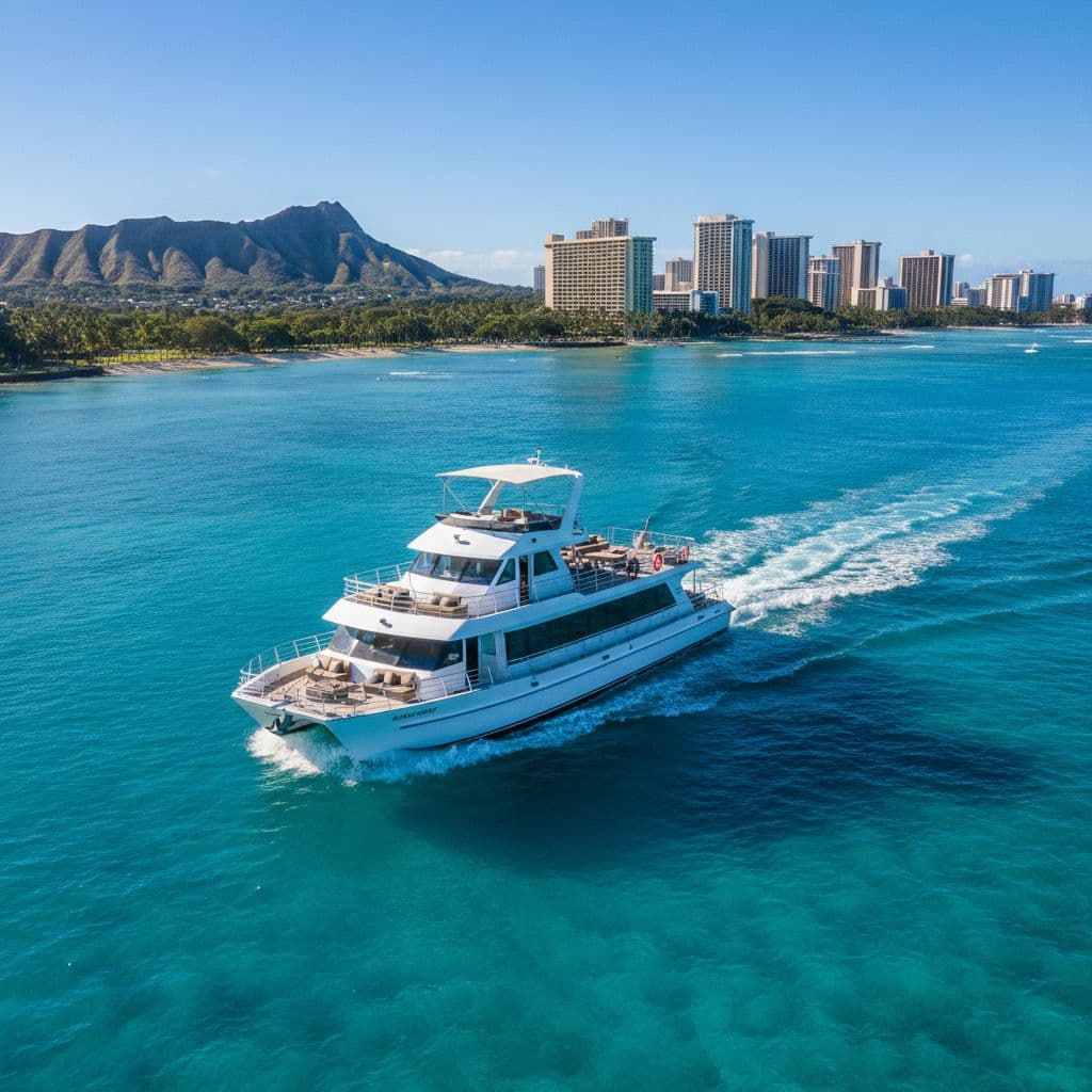 A modern white passenger boat cuts through deep blue Pacific waters near the tropical Waikiki coast. Bright sunlight reflects off the ocean surface under a vast, cloudless horizon during midday.