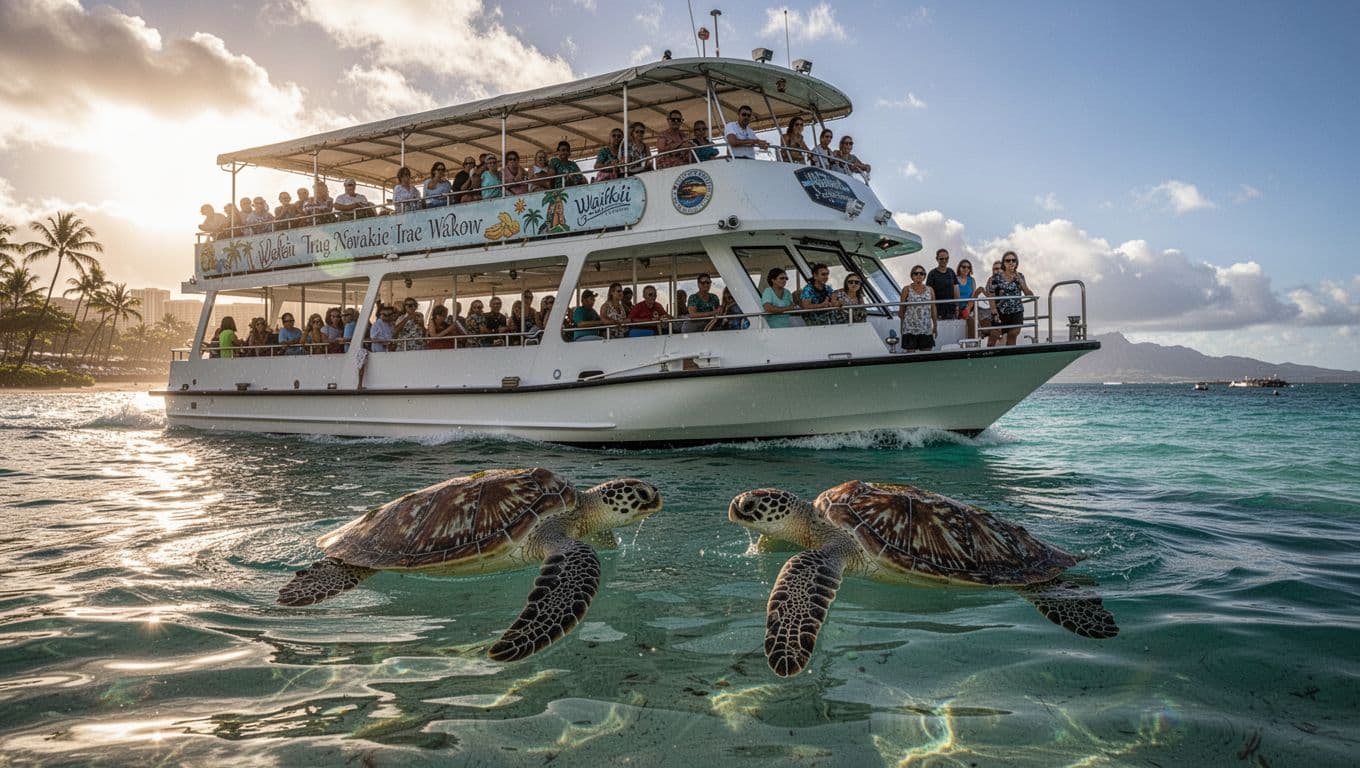 Double-decker tour boat cruises off Waikiki coast with two green sea turtles swimming nearby in turquoise water.