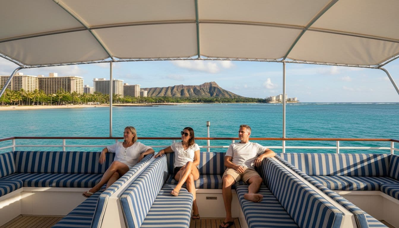 Spacious upper deck of a double-decker Hawaiian tour boat cruising calm turquoise waters off Waikiki Beach, featuring comfortable shaded seating with three relaxed passengers enjoying views of Diamond Head and the coastline on a sunny day.