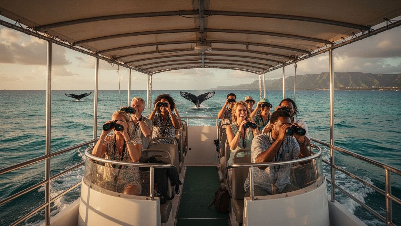 Double-decker tour boat cruises turquoise waters near Waikiki with tourists using binoculars to spot distant humpback whale tail at golden hour.