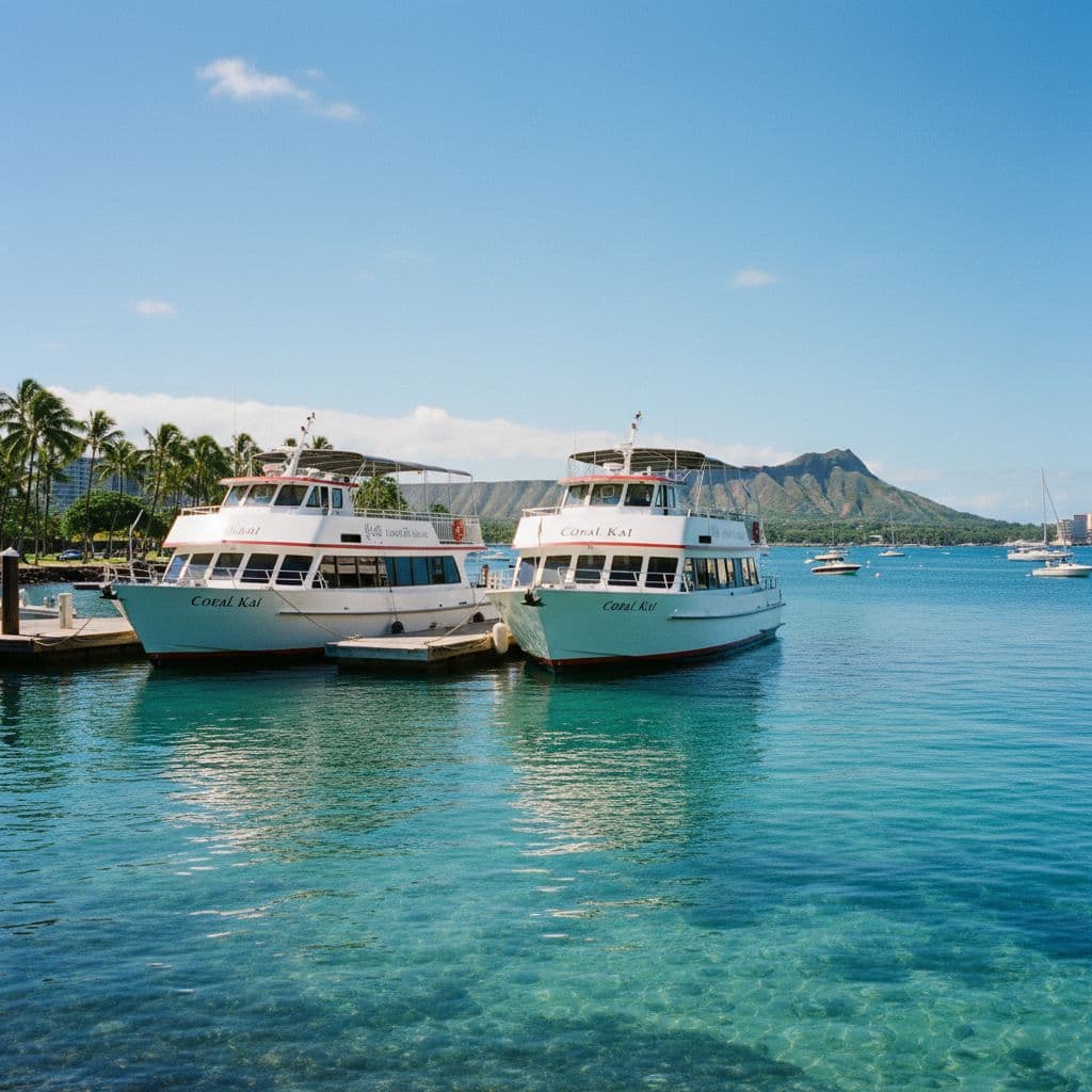 Two double-decker passenger tour boats are docked side-by-side in a sunny tropical harbor.