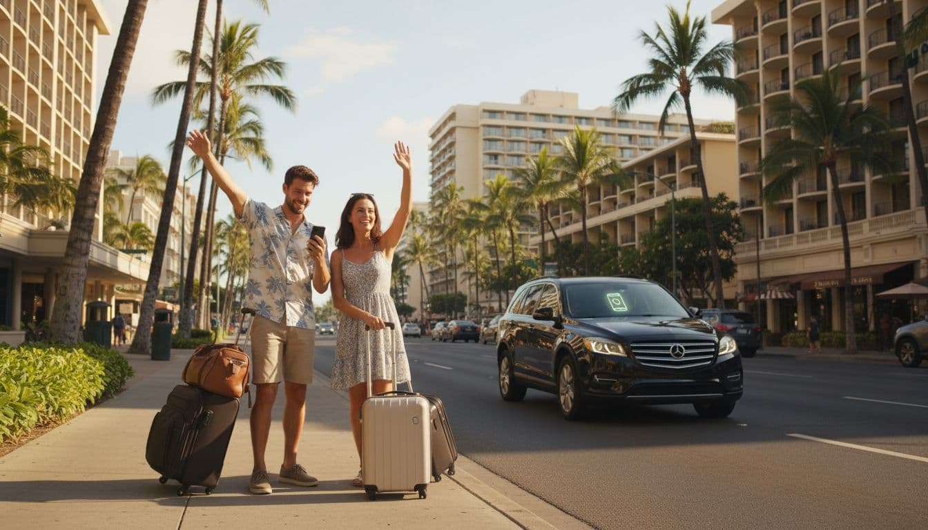 A relaxed tourist couple with luggage hails a rideshare car on a busy Waikiki street lined with palm trees and hotels during a sunny tropical day, one checking their phone.