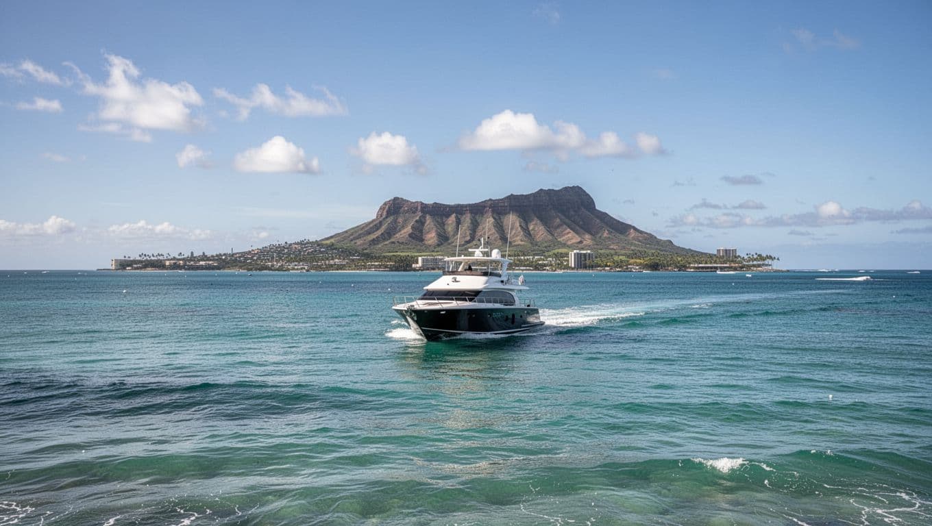 Turquoise waves off Waikiki coast, modern tour boat gliding to horizon, distant Diamond Head under clear blue sky.