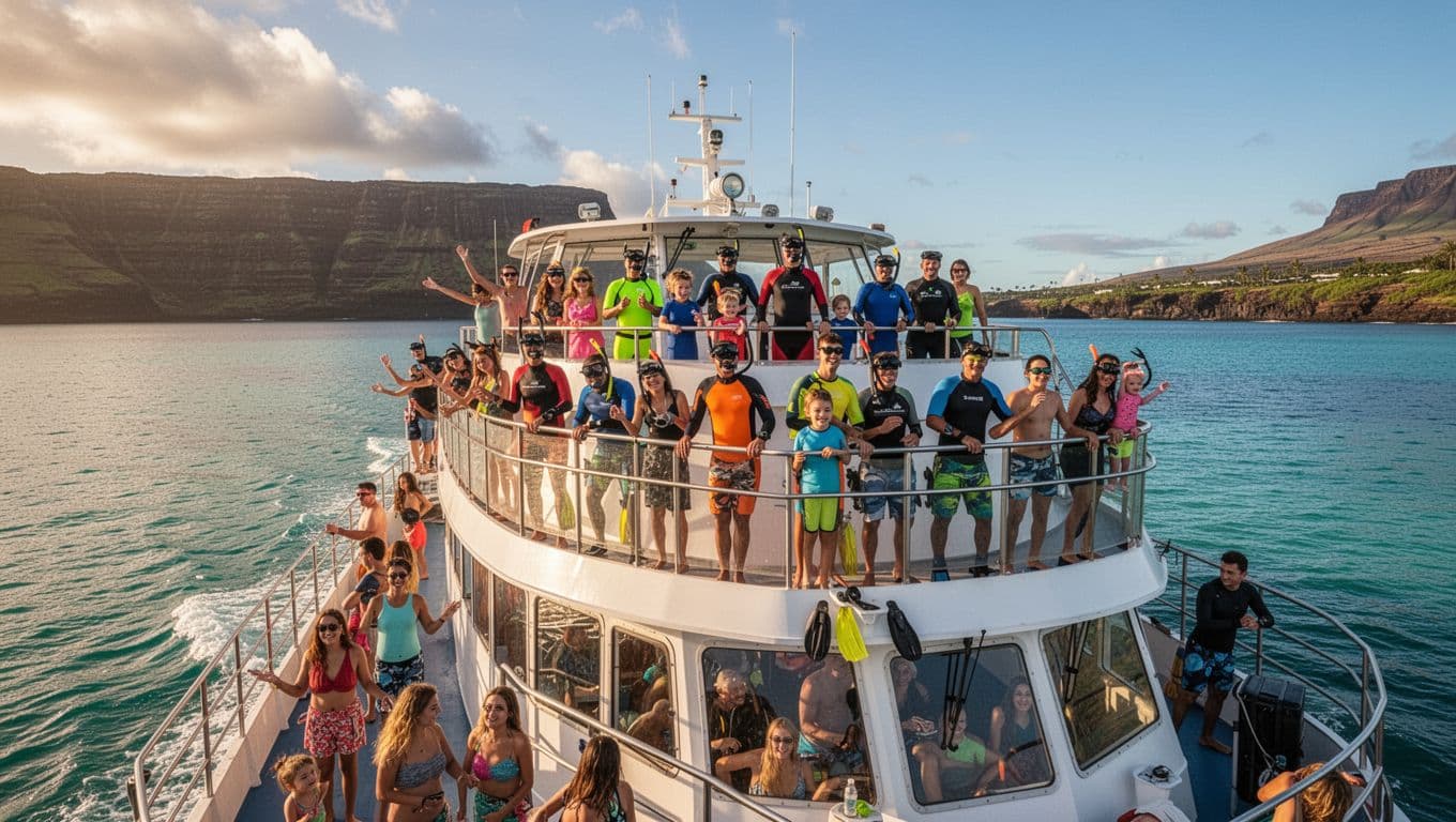 Custom double-decker tour boat sails calm turquoise ocean waters off Waikiki Oahu en route to Turtle Canyon with diverse excited passengers in colorful snorkel gear on the upper deck, cinematic golden hour lighting.