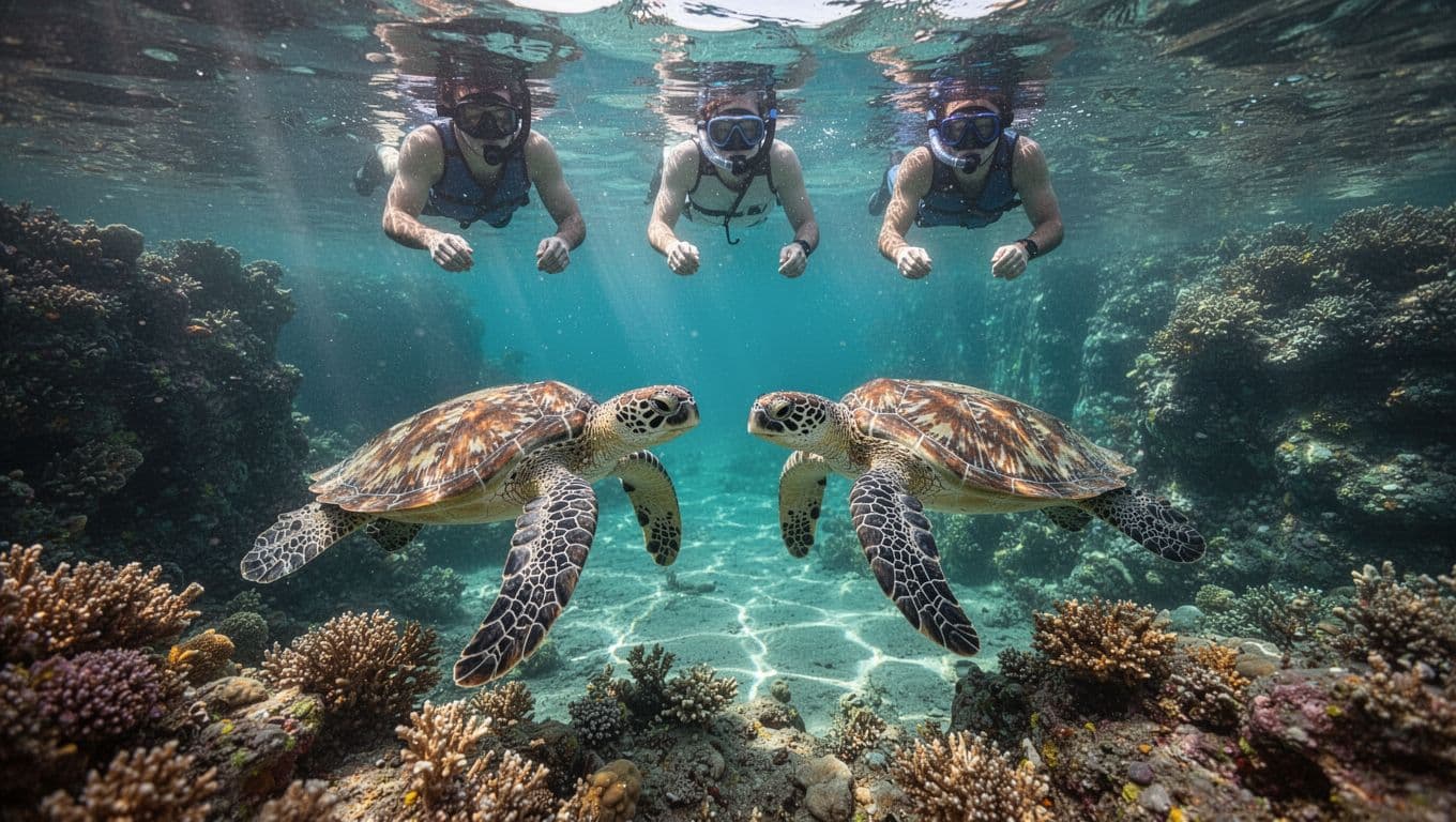 Hawaiian green sea turtles glide gracefully near a vibrant coral reef in crystal-clear turquoise waters off Waikiki Turtle Canyon, with three snorkelers observing from the surface and shallow depths amid sunbeams creating caustics in a split above-below water composition.