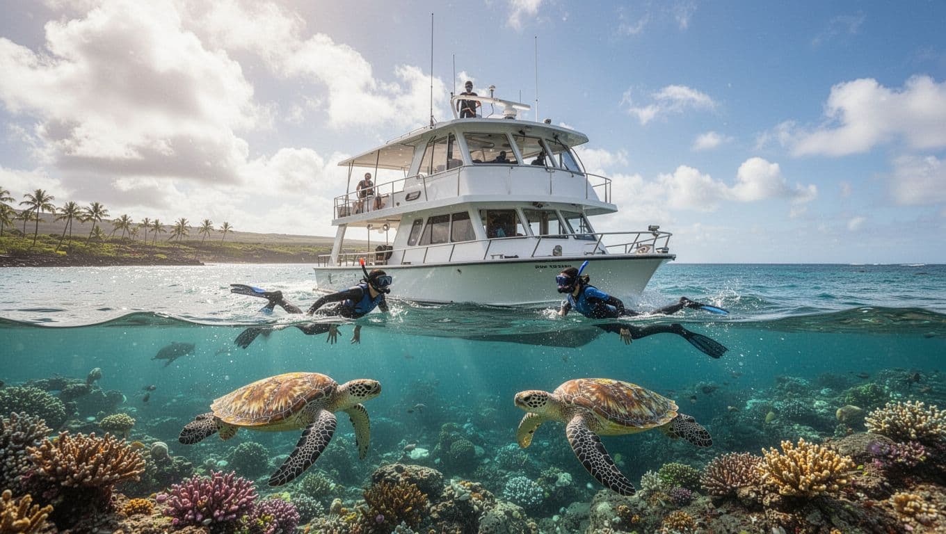A double-decker boat cruises calm turquoise waters off Waikiki Oahu at Turtle Canyon, with two snorkelers spotting Hawaiian green sea turtles nearby amid vibrant coral on a sunny day.