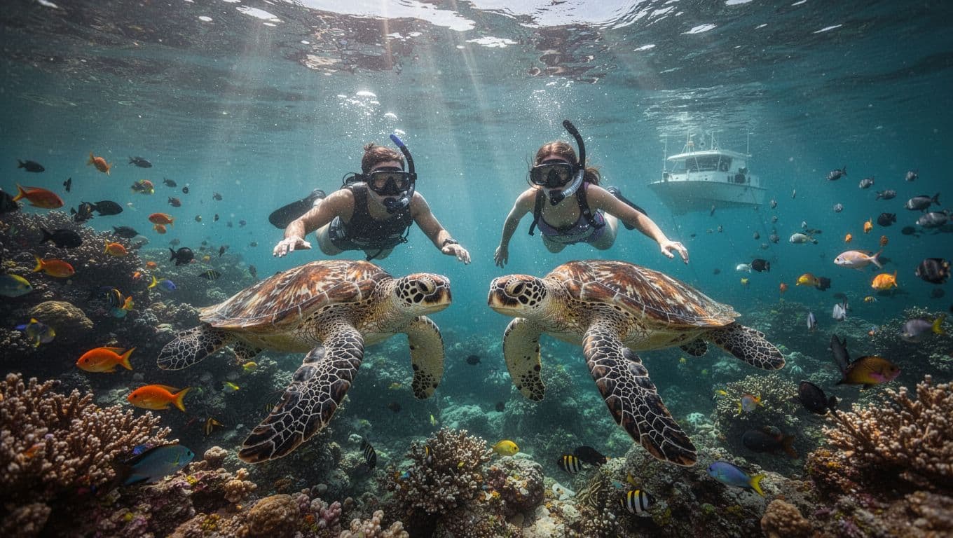 Two snorkelers swimming near Hawaiian green sea turtles at Turtle Canyon reef off Waikiki in clear turquoise water with vibrant coral, fish schools below, and anchored boat in background; cinematic split underwater surface composition with dramatic sunlight rays.