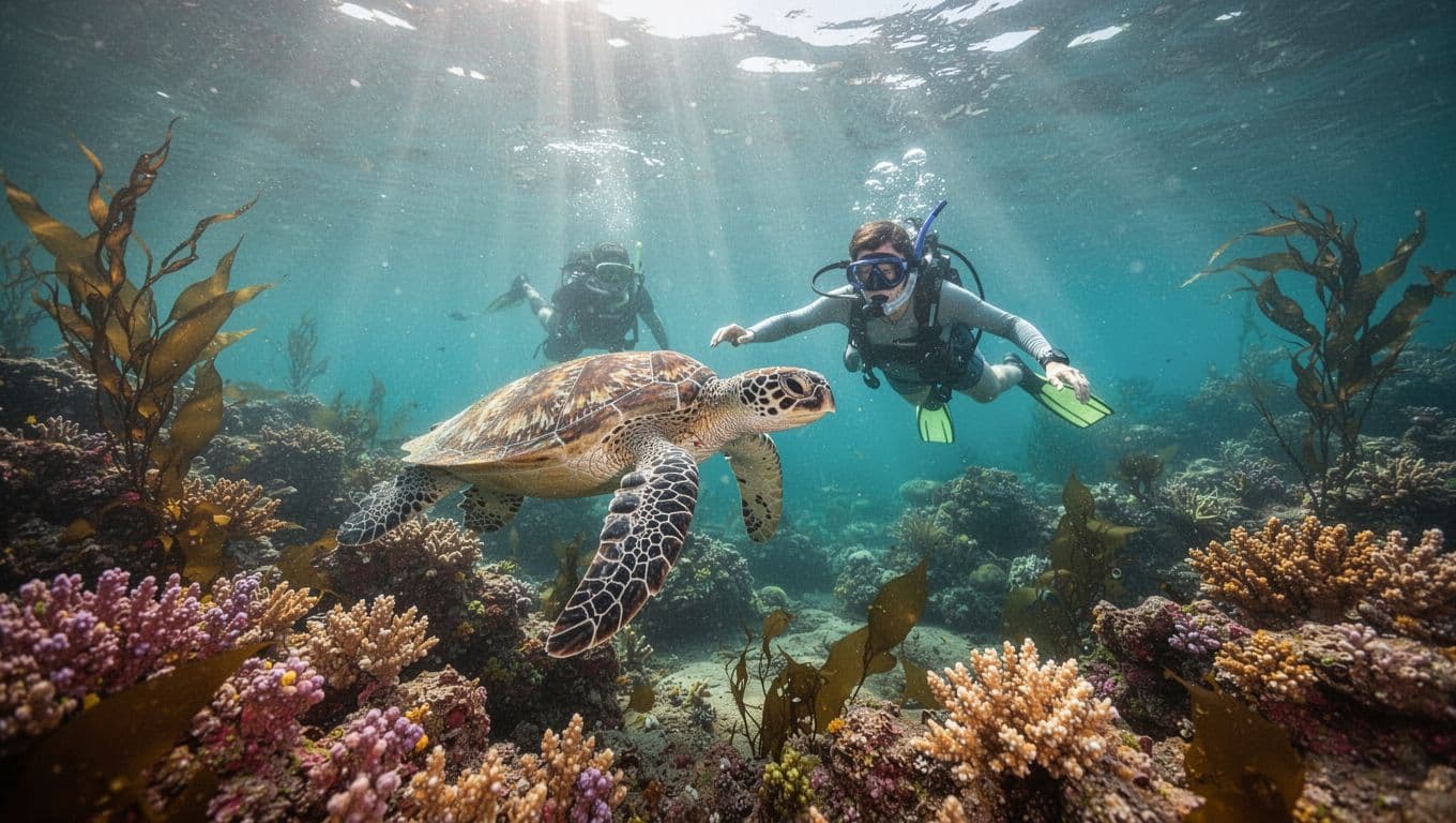 Three snorkelers with masks and fins swim near two gliding Hawaiian green sea turtles at a vibrant coral reef off the Waikiki coast in crystal clear turquoise water with dramatic sunlight beams piercing the surface.