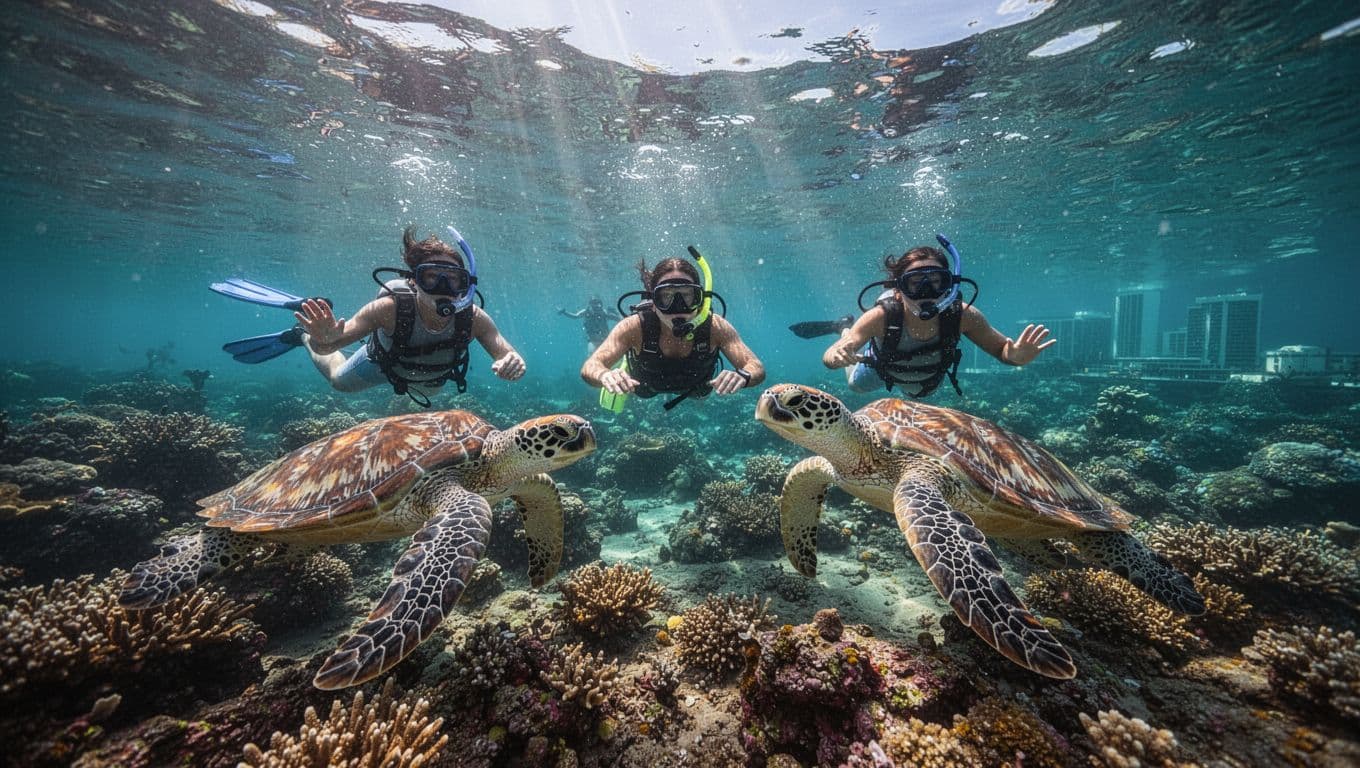 Three snorkelers float relaxed above a vibrant coral reef with two Hawaiian green sea turtles nearby in crystal clear turquoise ocean water off Waikiki, sunbeams filtering through the surface with a distant coastline view.